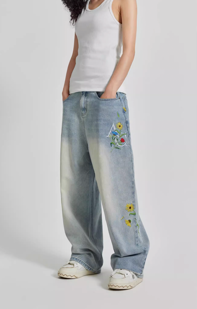 Achock Logo & Flower Embroidery Draped Denim Jeans