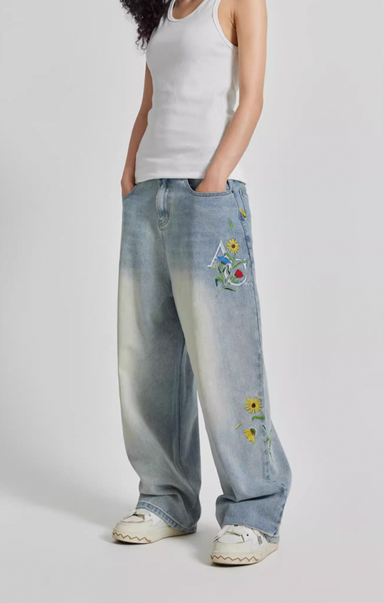 Achock Logo & Flower Embroidery Draped Denim Jeans