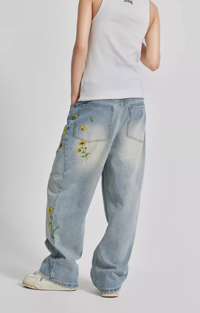 Achock Logo & Flower Embroidery Draped Denim Jeans