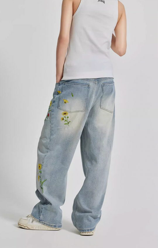 Achock Logo & Flower Embroidery Draped Denim Jeans
