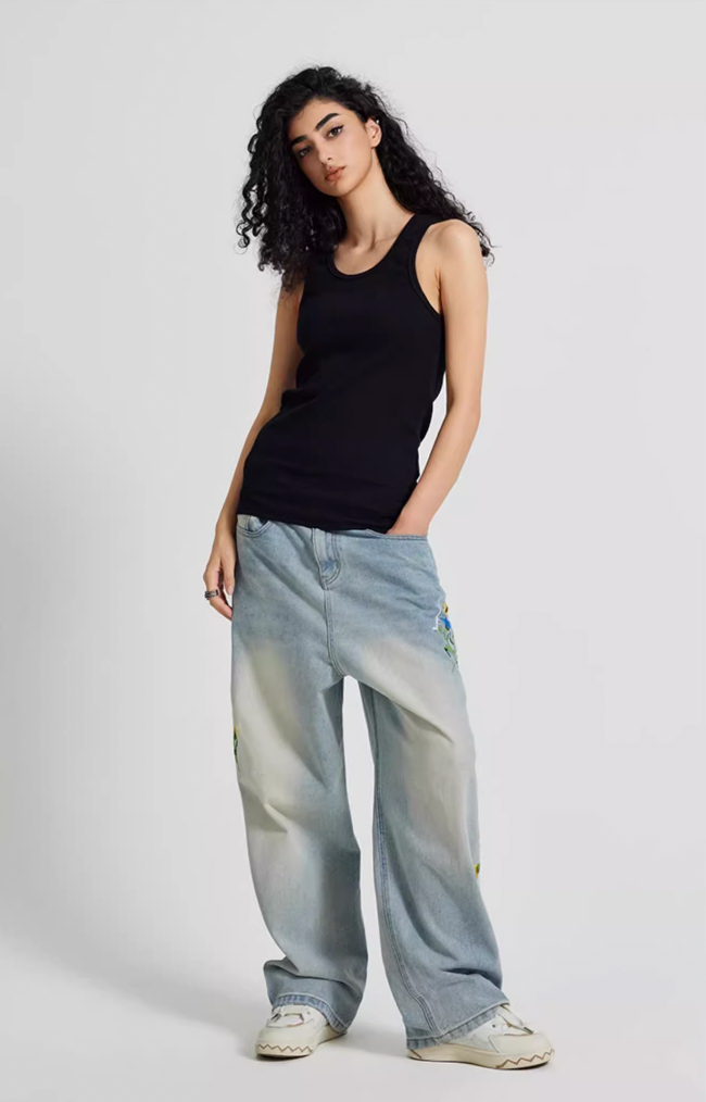 Achock Logo & Flower Embroidery Draped Denim Jeans