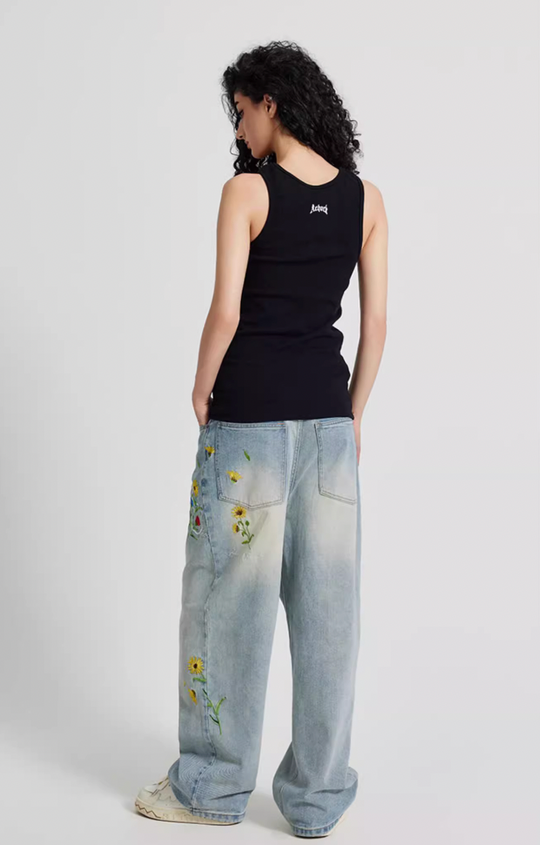 Achock Logo & Flower Embroidery Draped Denim Jeans