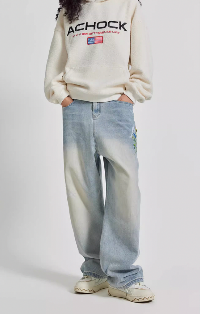 Achock Logo & Flower Embroidery Draped Denim Jeans