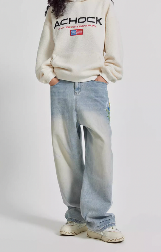Achock Logo & Flower Embroidery Draped Denim Jeans