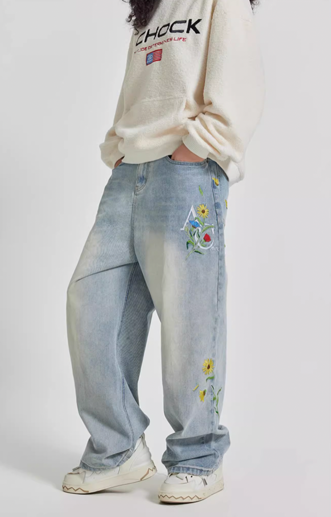 Achock Logo & Flower Embroidery Draped Denim Jeans