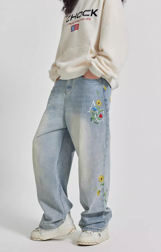 Achock Logo & Flower Embroidery Draped Denim Jeans