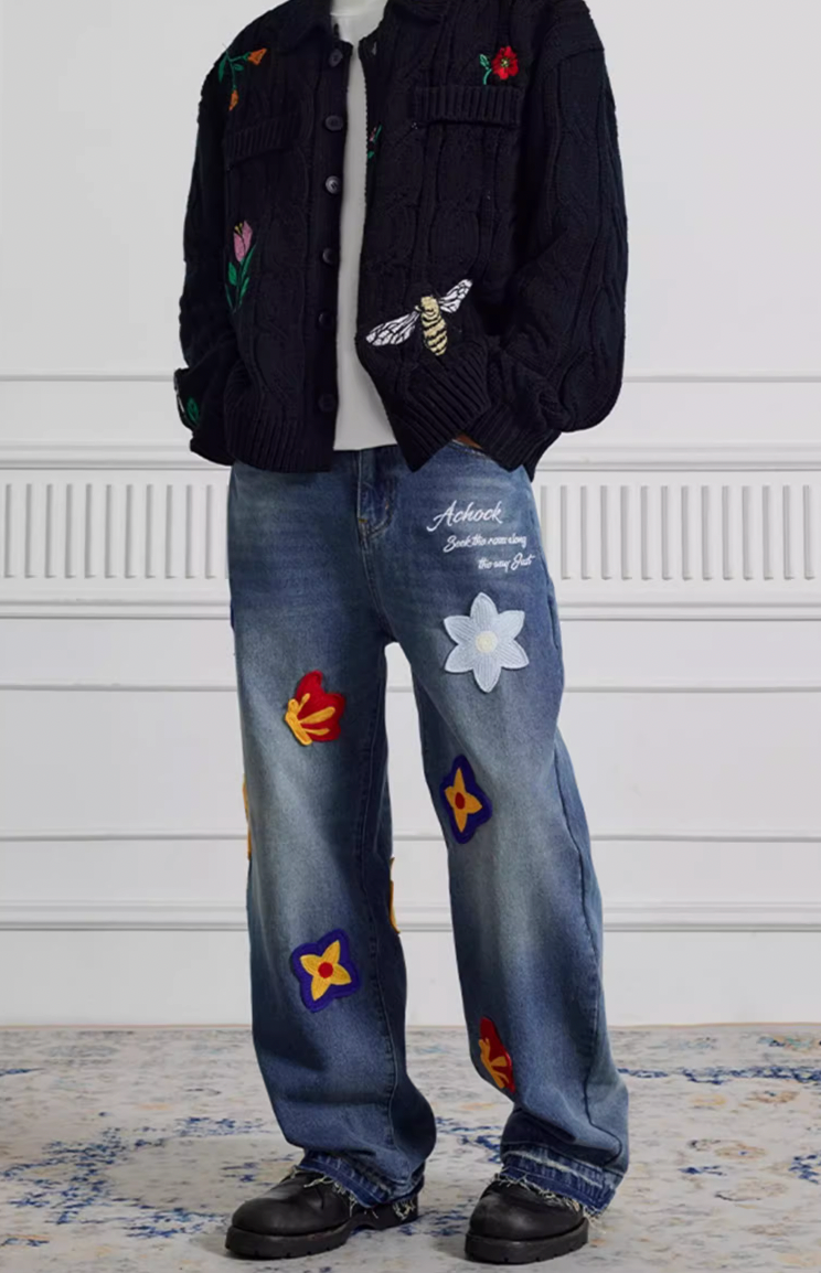 Achock Creative Letter Petal Embroidery Denim Jeans | Face 3 Face