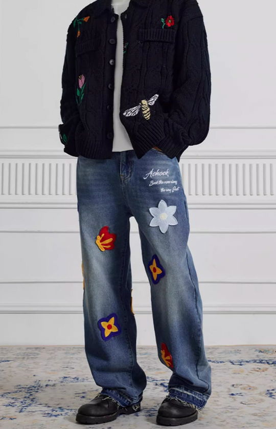 Achock Creative Letter Petal Embroidery Denim Jeans | Face 3 Face