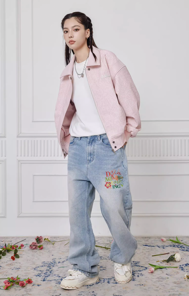 Achock Colorful Embroidery Washed Denim Jeans