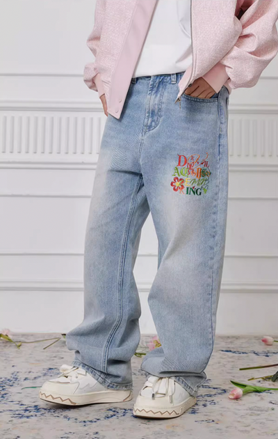 Achock Colorful Embroidery Washed Denim Jeans