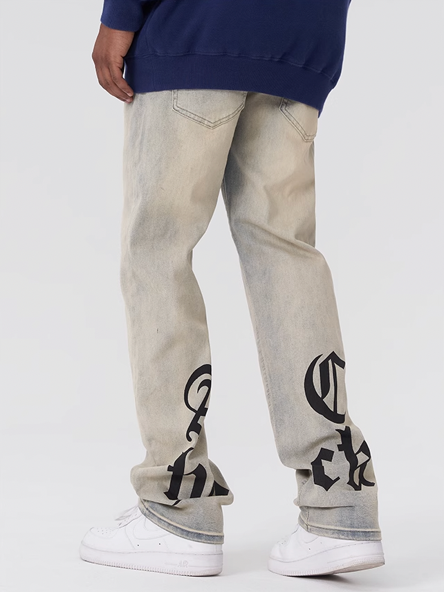 Achock Gothic Logo Printed Yellow Mud Denim Jeans | Face 3 Face