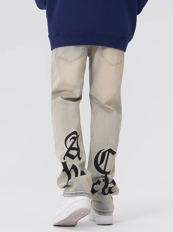 Achock Gothic Logo Printed Yellow Mud Denim Jeans | Face 3 Face