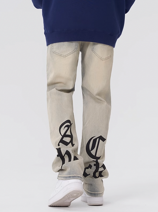 Achock Gothic Logo Printed Yellow Mud Denim Jeans | Face 3 Face