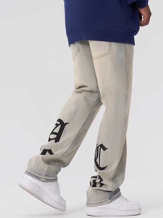 Achock Gothic Logo Printed Yellow Mud Denim Jeans | Face 3 Face