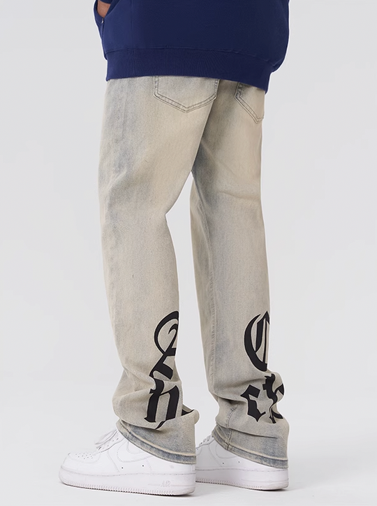 Achock Gothic Logo Printed Yellow Mud Denim Jeans | Face 3 Face