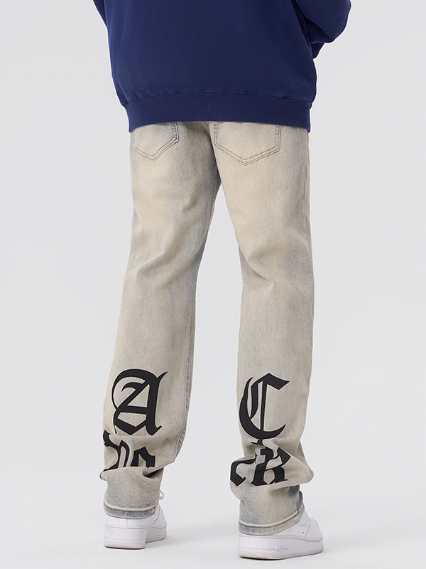 Achock Gothic Logo Printed Yellow Mud Denim Jeans | Face 3 Face