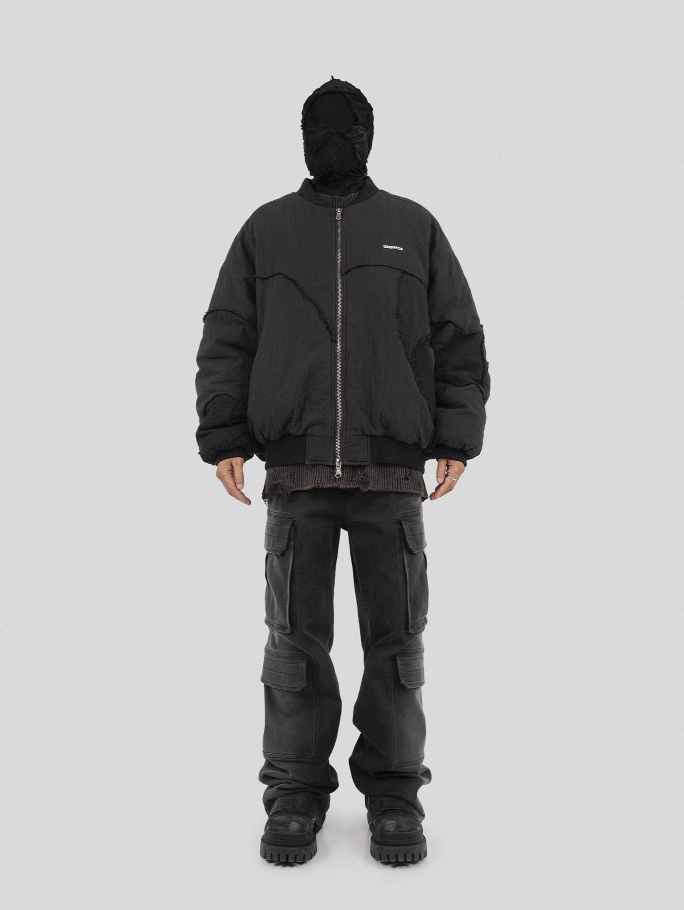UNDERWATER Washed Textured Patchwork Bomber Jacket