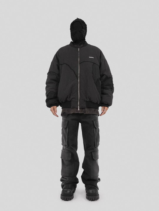 UNDERWATER Washed Textured Patchwork Bomber Jacket