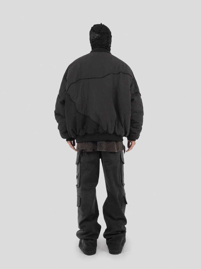 UNDERWATER Washed Textured Patchwork Bomber Jacket