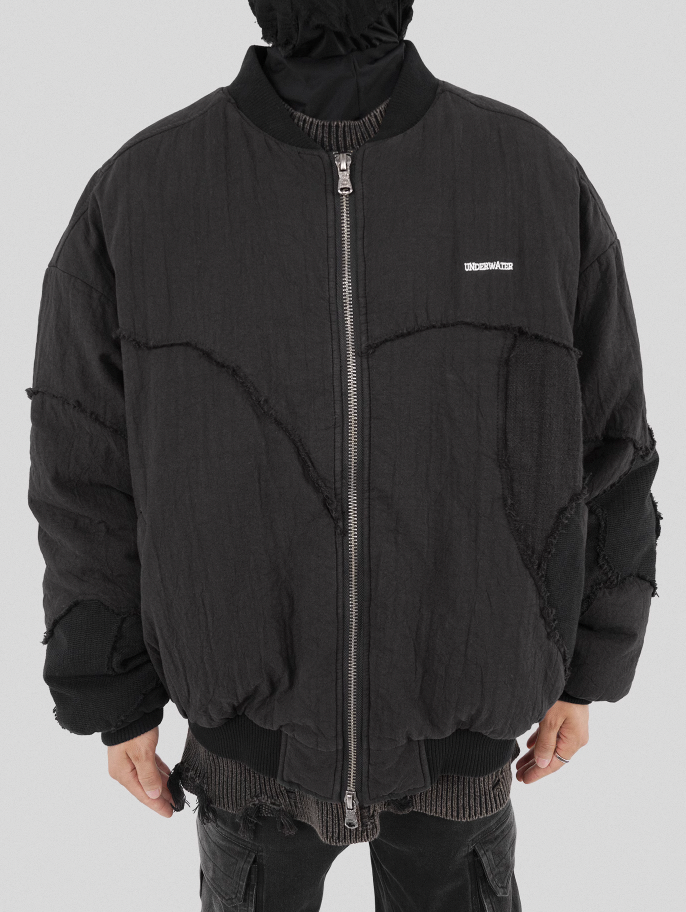UNDERWATER Washed Textured Patchwork Bomber Jacket
