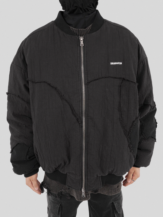 UNDERWATER Washed Textured Patchwork Bomber Jacket