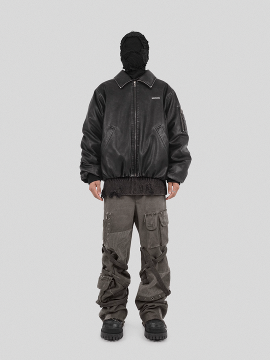 UNDERWATER Cross Embroidered Down Leather Bomber Jacket MA-1