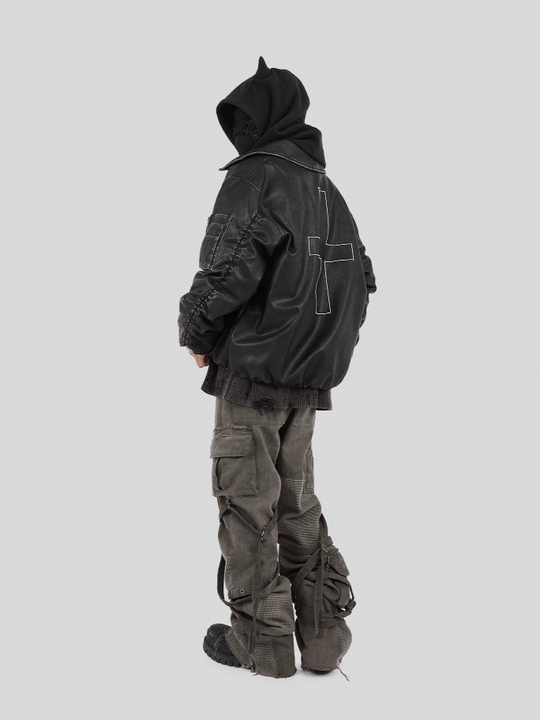 UNDERWATER Cross Embroidered Down Leather Bomber Jacket MA-1