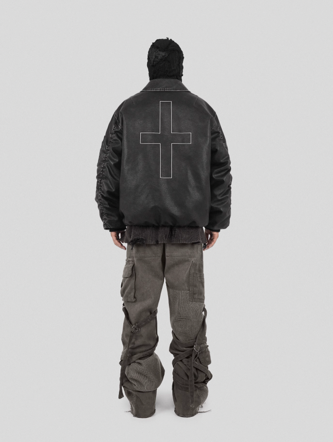 UNDERWATER Cross Embroidered Down Leather Bomber Jacket MA-1