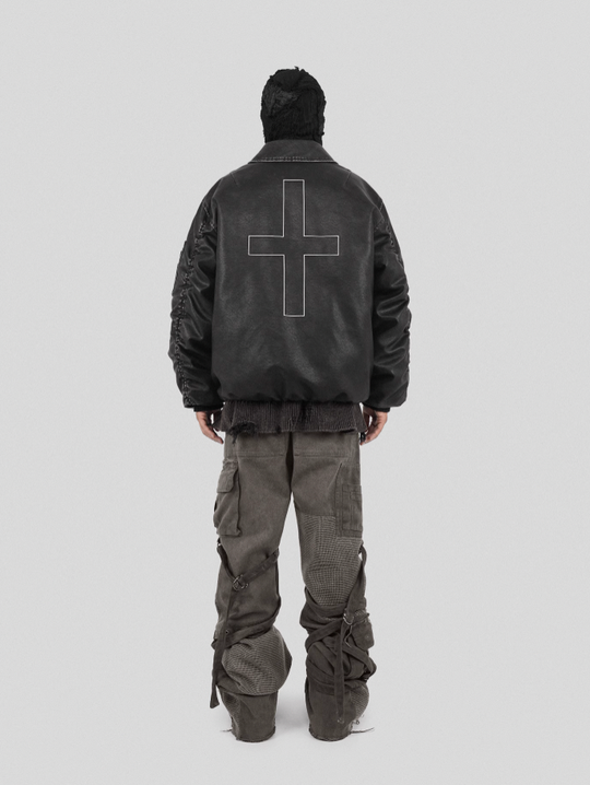 UNDERWATER Cross Embroidered Down Leather Bomber Jacket MA-1