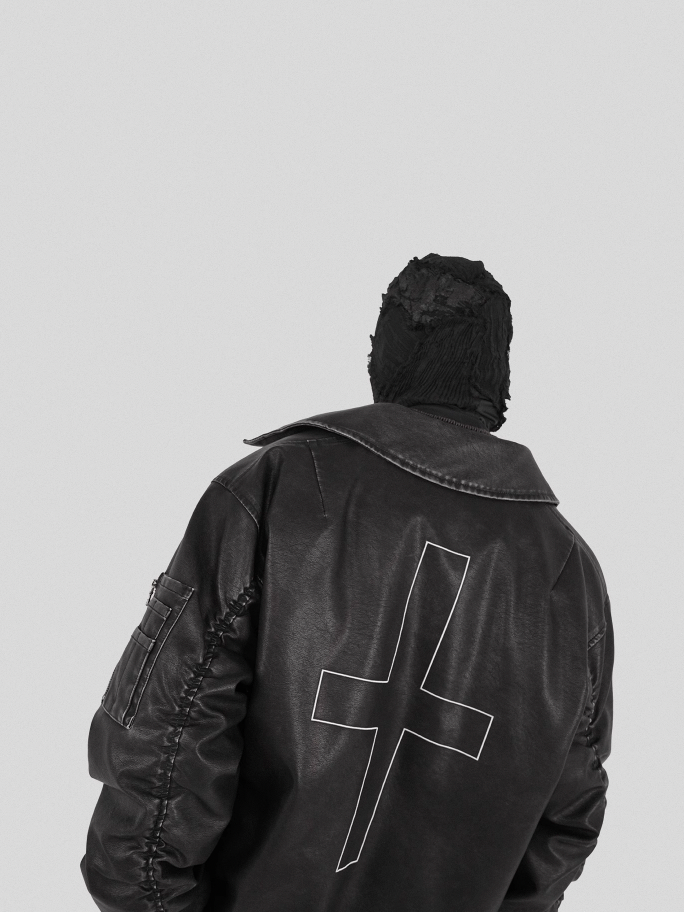 UNDERWATER Cross Embroidered Down Leather Bomber Jacket MA-1