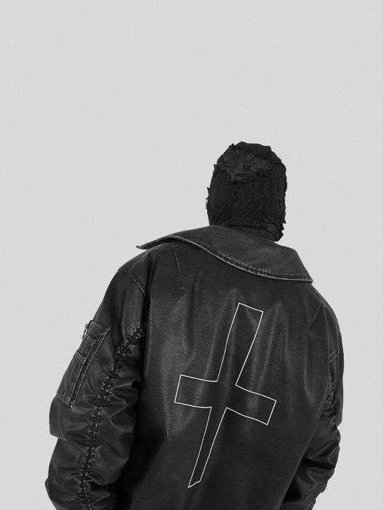 UNDERWATER Cross Embroidered Down Leather Bomber Jacket MA-1