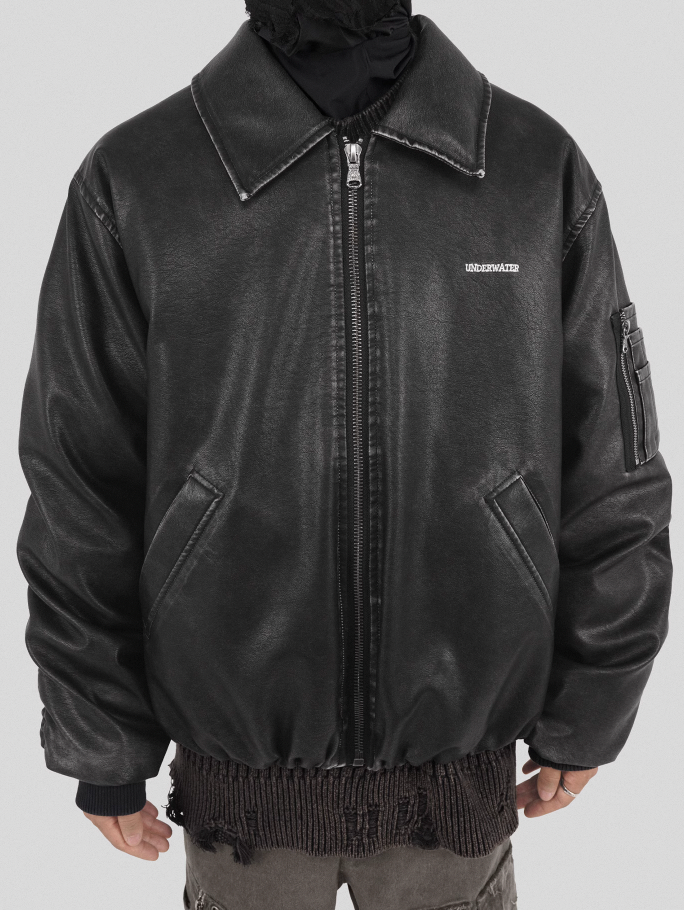 UNDERWATER Cross Embroidered Down Leather Bomber Jacket MA-1