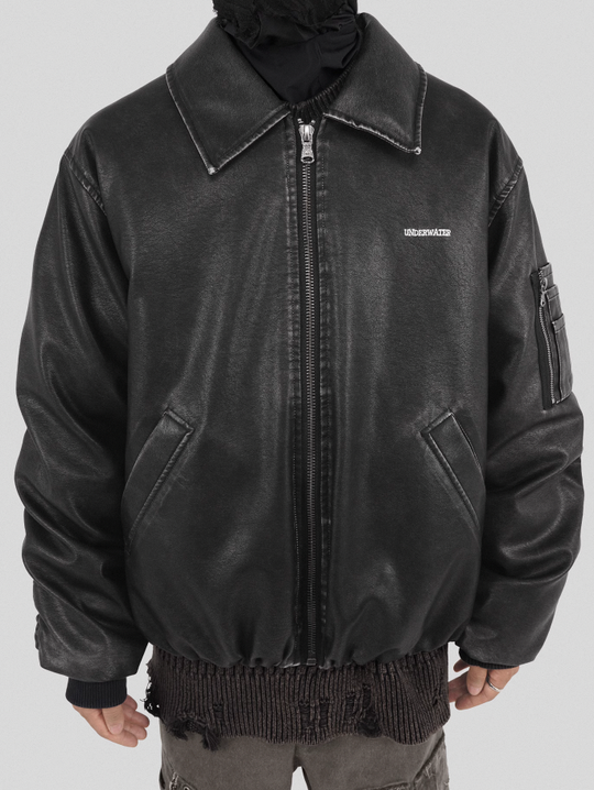 UNDERWATER Cross Embroidered Down Leather Bomber Jacket MA-1
