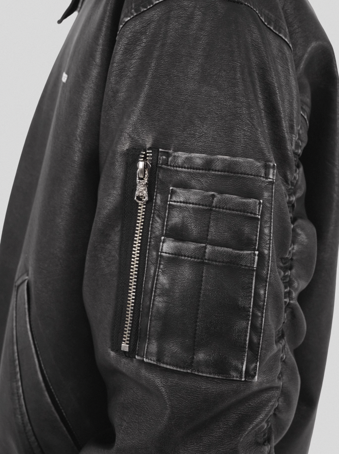 UNDERWATER Cross Embroidered Down Leather Bomber Jacket MA-1