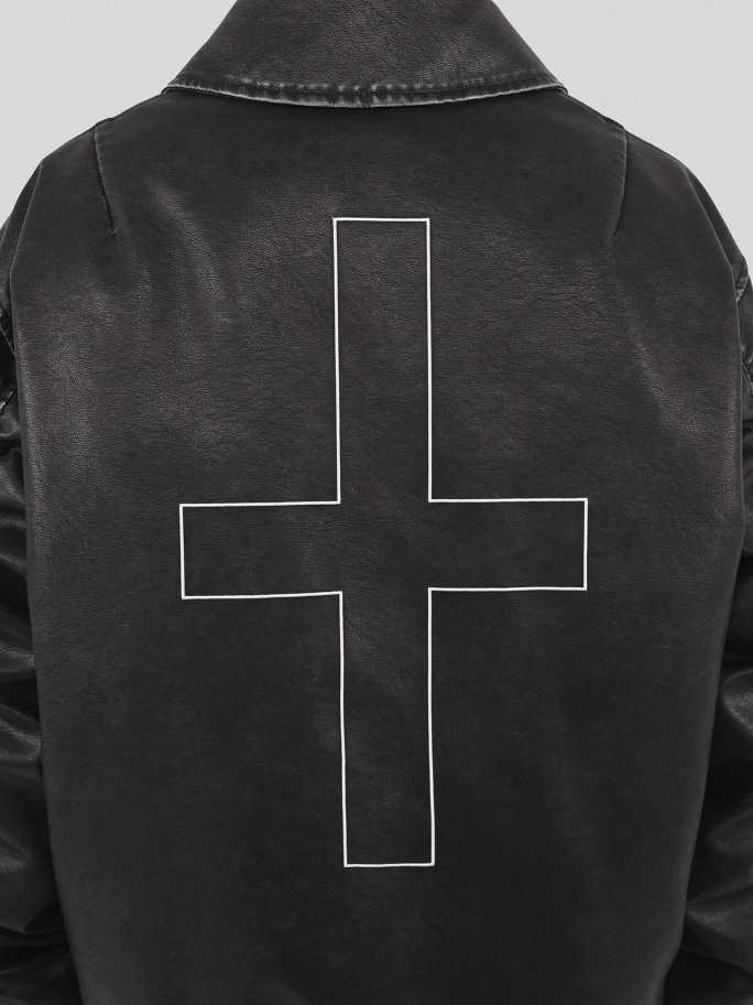 UNDERWATER Cross Embroidered Down Leather Bomber Jacket MA-1