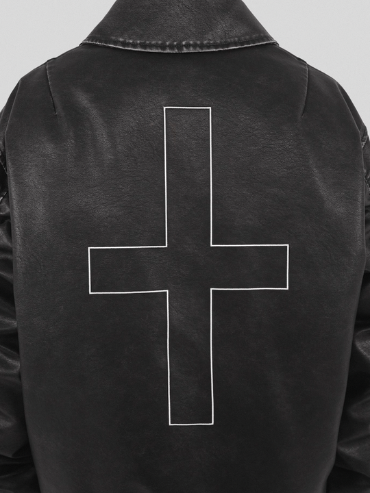 UNDERWATER Cross Embroidered Down Leather Bomber Jacket MA-1