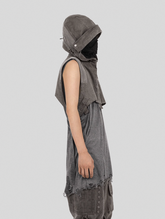 UNDERWATER Wasteland Dirty Scavenger Mesh Patchwork Short Hooded Vest