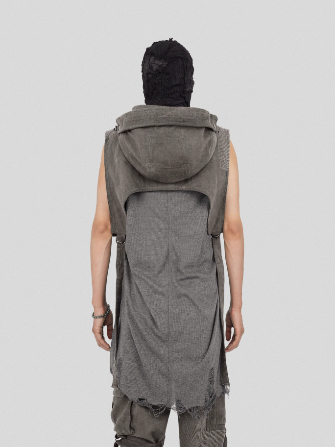 UNDERWATER Wasteland Dirty Scavenger Mesh Patchwork Short Hooded Vest