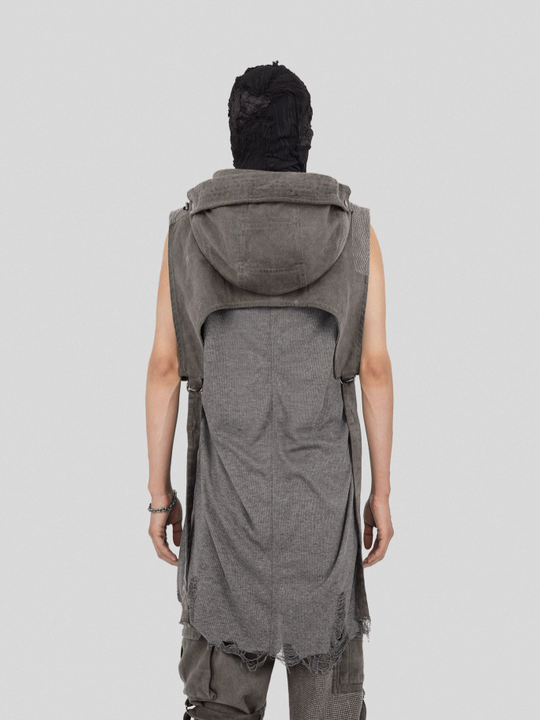 UNDERWATER Wasteland Dirty Scavenger Mesh Patchwork Short Hooded Vest