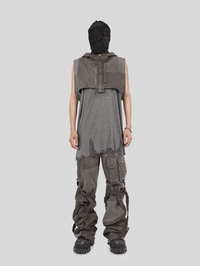 UNDERWATER Wasteland Dirty Scavenger Mesh Patchwork Short Hooded Vest
