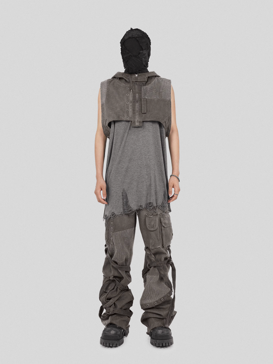 UNDERWATER Wasteland Dirty Scavenger Mesh Patchwork Short Hooded Vest