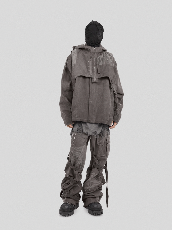 UNDERWATER Wasteland Dirty Scavenger Mesh Patchwork Short Hooded Vest