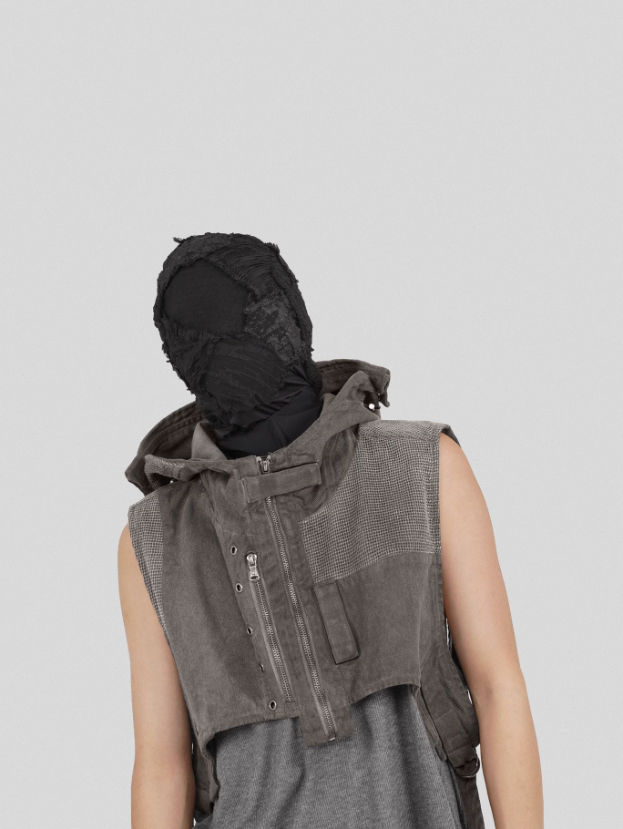 UNDERWATER Wasteland Dirty Scavenger Mesh Patchwork Short Hooded Vest