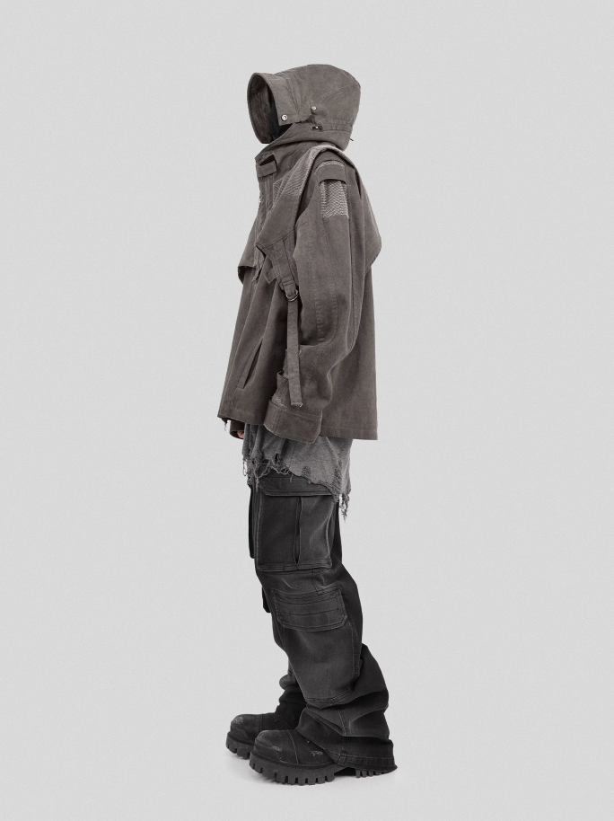 UNDERWATER Wasteland Dirty Scavenger Mesh Patchwork Short Hooded Vest