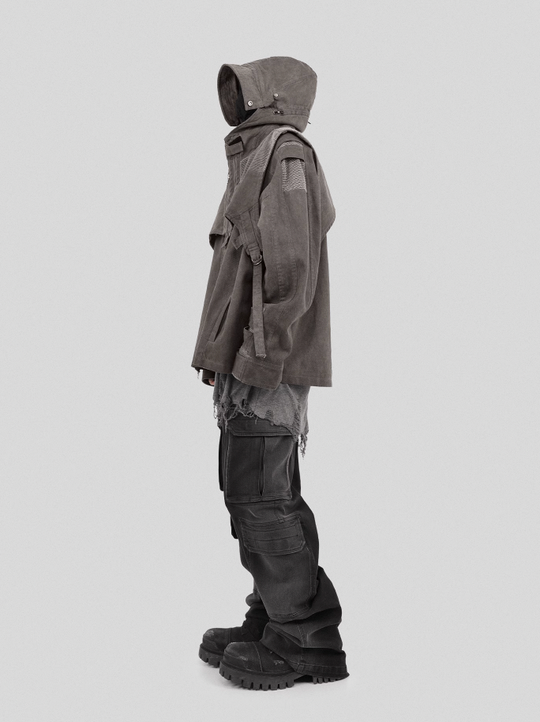 UNDERWATER Wasteland Dirty Scavenger Mesh Patchwork Short Hooded Vest