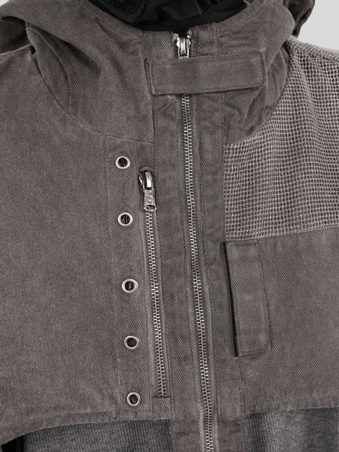 UNDERWATER Wasteland Dirty Scavenger Mesh Patchwork Short Hooded Vest