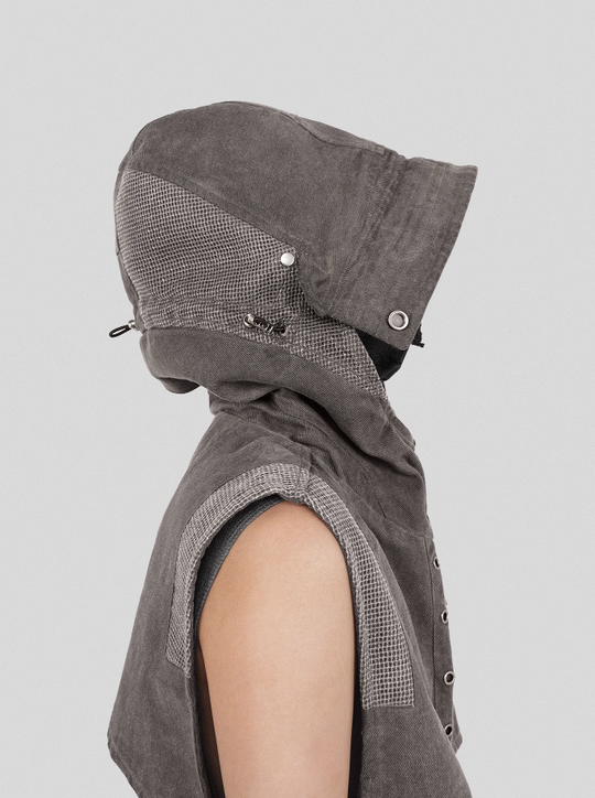 UNDERWATER Wasteland Dirty Scavenger Mesh Patchwork Short Hooded Vest