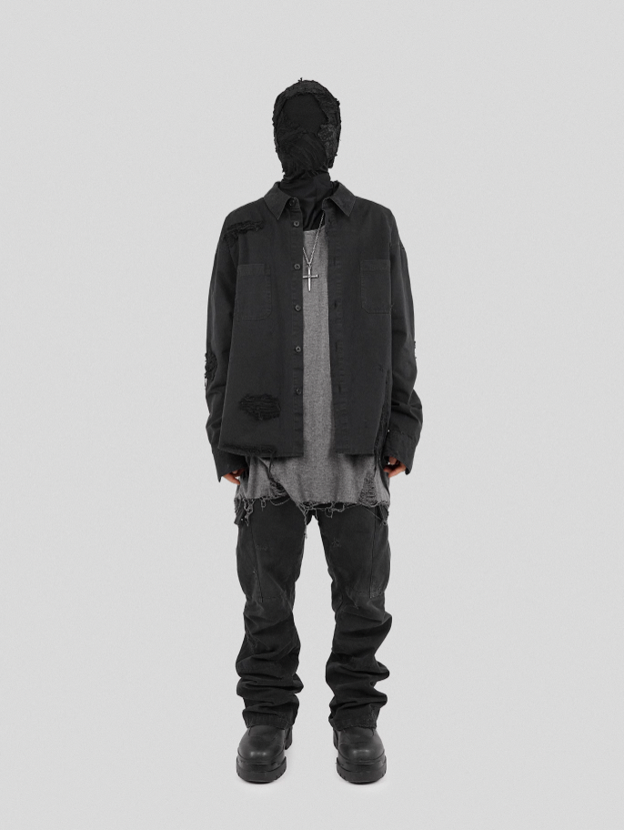 UNDERWATER Sand Washed Destroyed Needle Embroidery Shirt Jacket