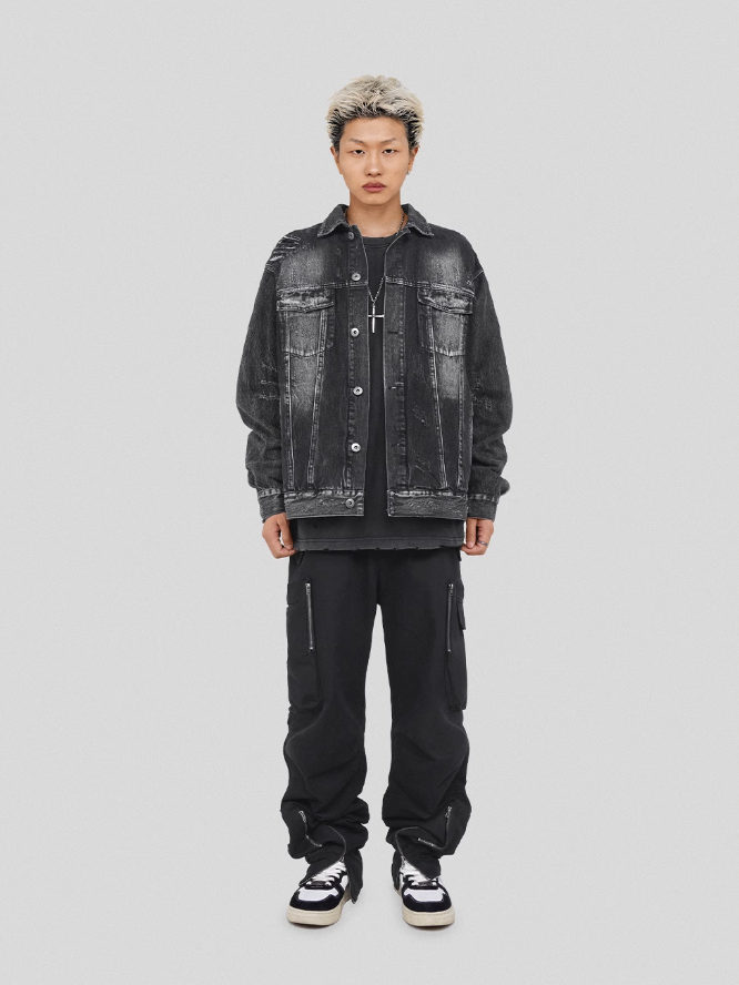 UNDERWATER Sand Wash Cut Destroyed Denim Jacket