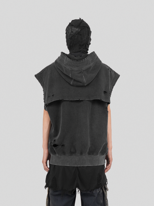 UNDERWATER Destruction Faded Spliced Sleeveless Hoodie